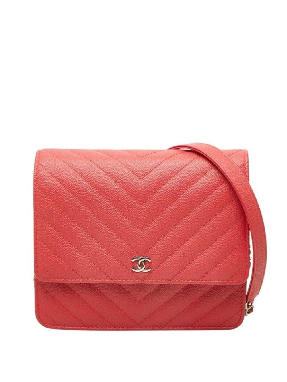 Chanel CC Logo Chevron V-stitch Chain Wallet Shoulder Bag Pink Silver Caviar